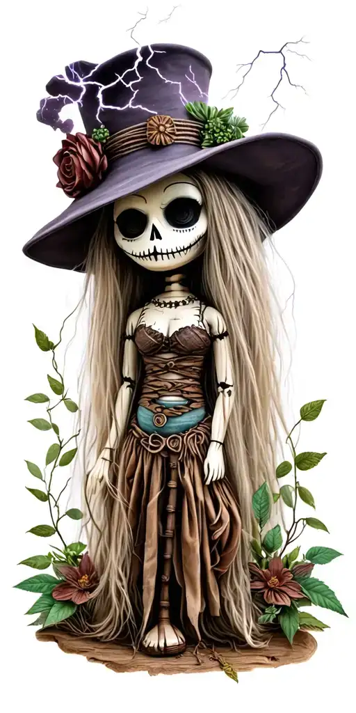 freya voodoo doll with cylinder hat and nature and lightning storm tattoo design idea