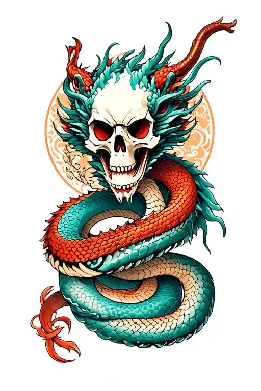 skull dragon snake wrapped tattoo design idea