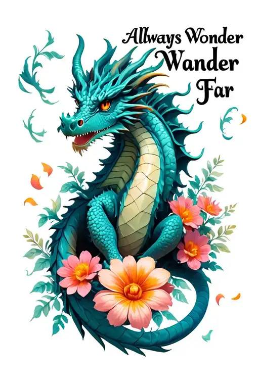 "Always Wonder Wander Far" Simple, elegant, whimsical fantasy style dragon eith flowers around it, maybe some pedals floating around.  tattoo design idea