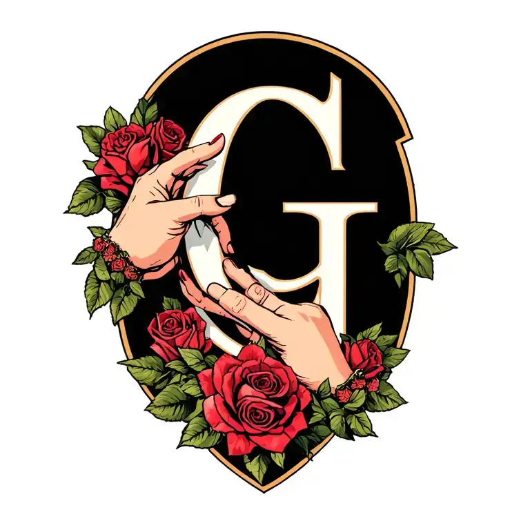 hands with roseary letter G  tattoo design idea