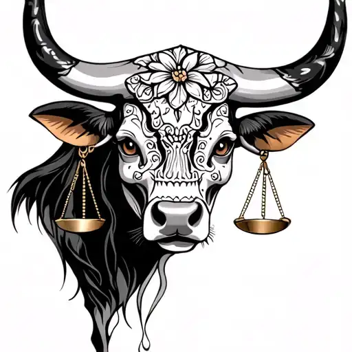 feminine bull with sugar skull markings, brown eyes and 2 Libra scales and dark background tattoo design idea