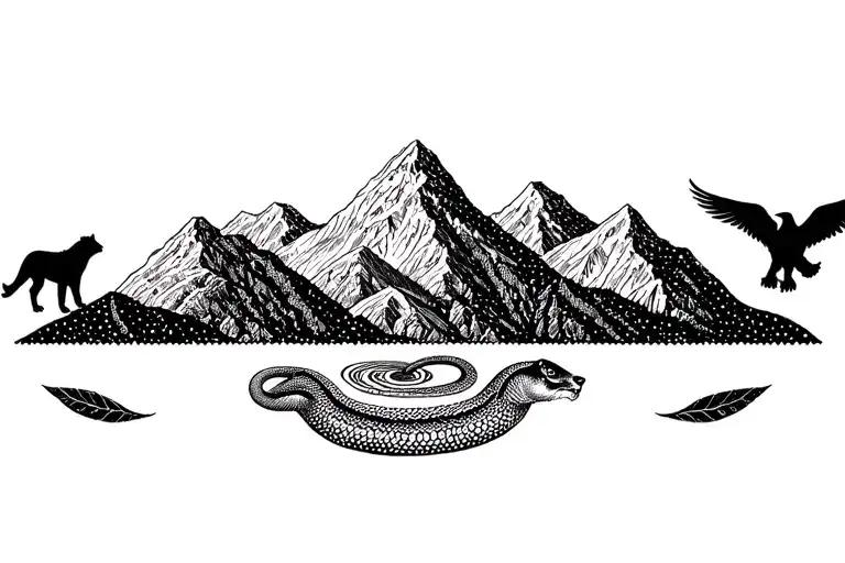 Peruvian mountain range with 3 coca leaves and pachamama spiral and surrounded by a cougar and a snake and a condor tattoo design idea