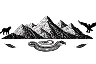 Peruvian mountain range with 3 coca leaves and pachamama spiral and surrounded by a cougar and a snake and a condor tattoo design idea