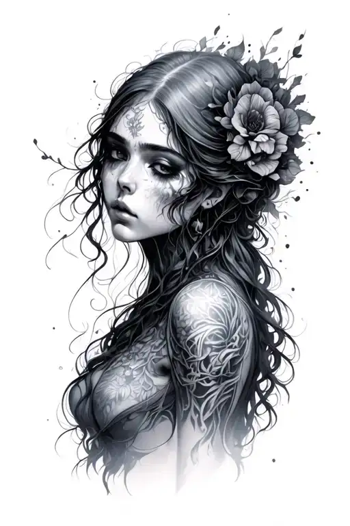 A solemn, mysterious sensual feminine figure—guardian of forgotten places and memories. She embodies sorrow, stillness, tattoo design idea