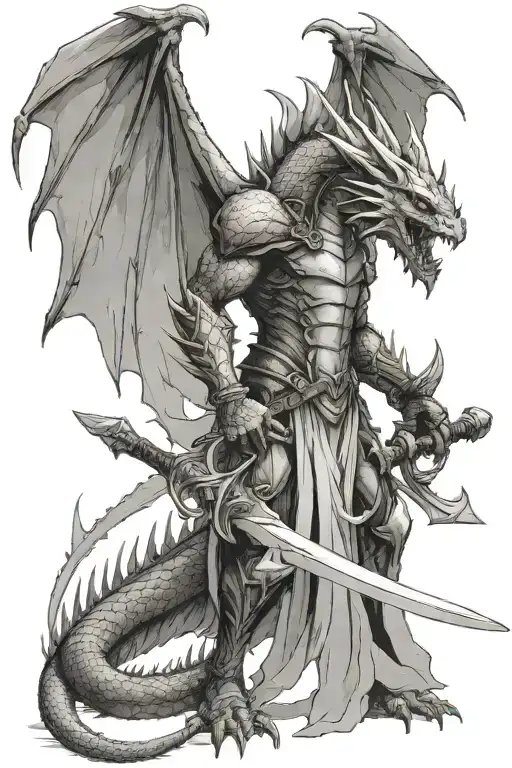  dragon stood upright in the style of the reaper where it's wings created a hood. holding a sword like the one in Robin  tattoo design idea