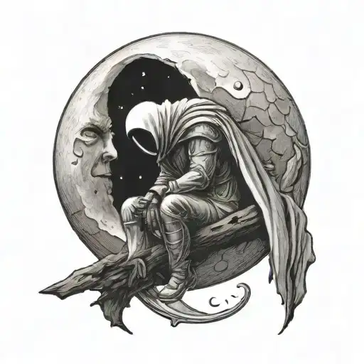 a tattoo design wih moon knight sitting on the Waxing Crescent Moon     tattoo design idea