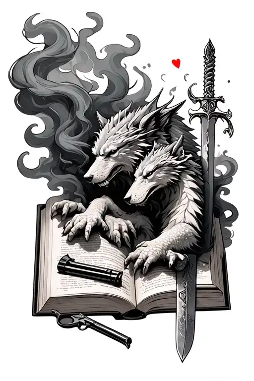 an open book with smoke coming off it and in the smoke there is a dragon a wolf a dagger a gun and a heart tattoo design idea