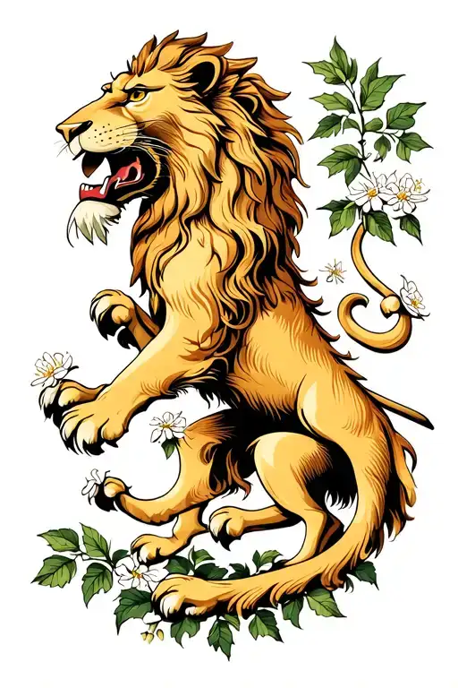 czech double tailed lion as husband, czech linden tree, hungarian wife and two linden blossom as two children tattoo design idea