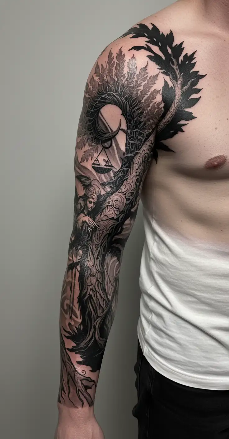 Combine forest India, with Libra sign, with spiritual awakening tattoo design idea