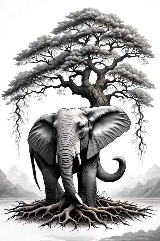 full sleeve tattoo with a cottonwood tree with roots coming down that leads into an elephant tattoo design idea