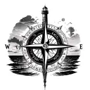 compass, text saying "Tempus Fugit Memento Mori", lighthouse, oceans, sunset tattoo design idea