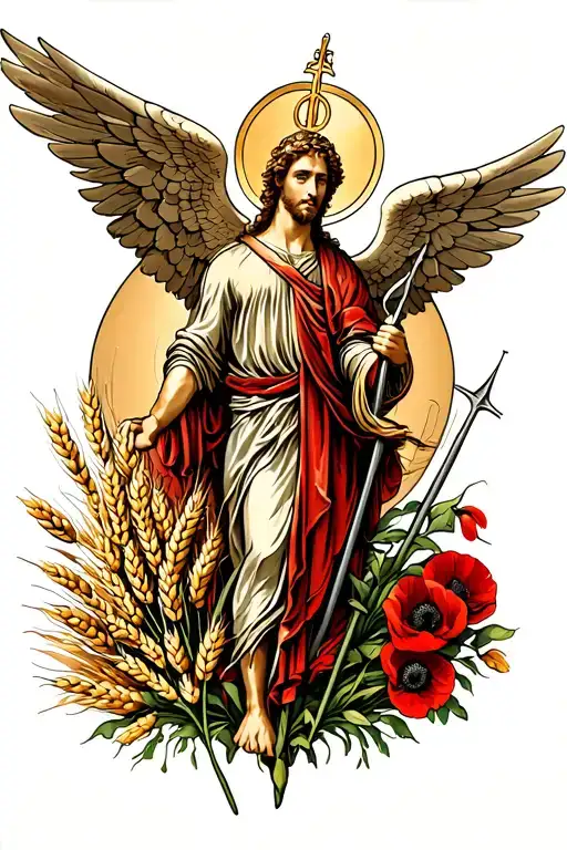st michael archangel with embroidery, wheat and poppies and the ukrainian trident hidden tattoo design idea