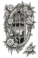 gothic window with night inside and flowers surrounding it  tattoo design idea