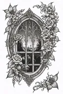 gothic window with night inside and flowers surrounding it  tattoo design idea