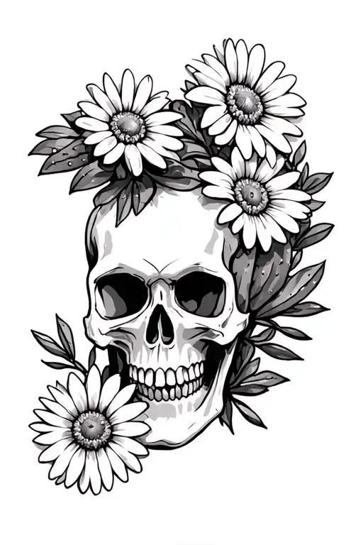 western skull and cacti and daisy flower tattoo design idea