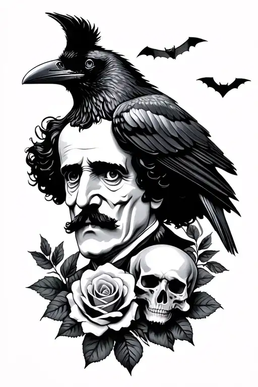 Edgar allan poe portrait, a raven, roses, bats flying, skulls. all grayscale. tattoo design idea