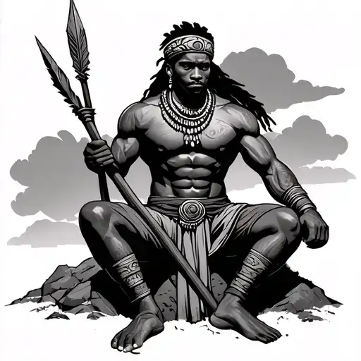 muscular African warrior sitting alone on mountain with spear  tattoo design idea