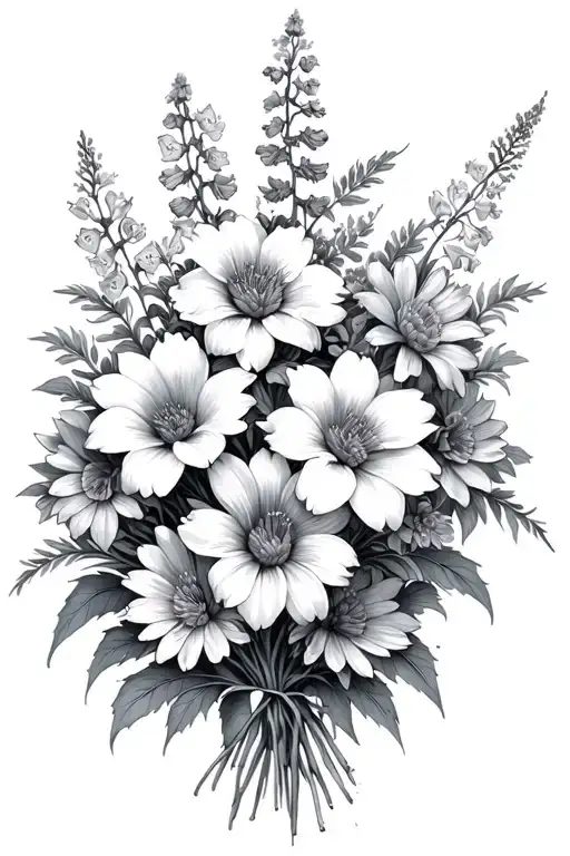 cub, bouquet of asters, delphinium, water lilies, morning glory flowers, Leo and Virgo constellations tattoo design idea