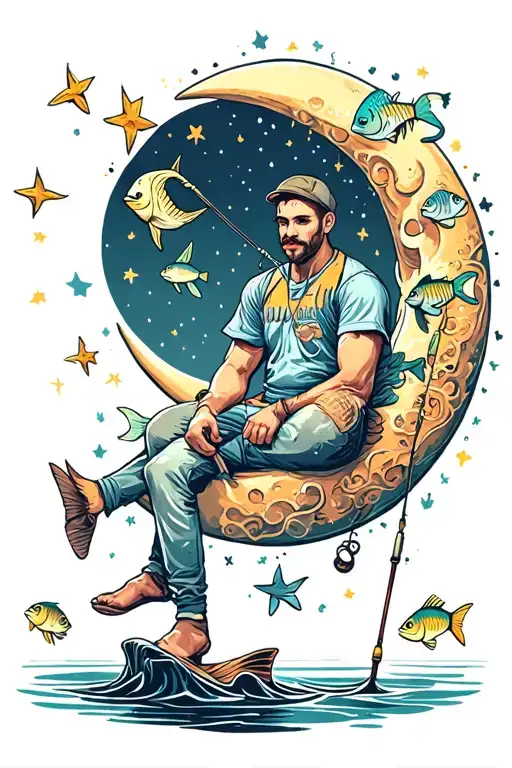 man sitting on crescent moon with fishing pole surrounded by fish and stars tattoo design idea