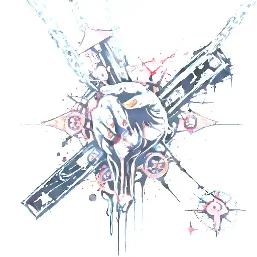 psycho gothic punk lighting striking down on a cross necklace being held together by hands praying  tattoo design idea