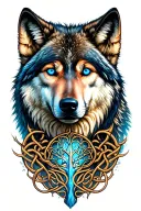 wolf with blue eyes featuring Celtic tree of life  tattoo design idea