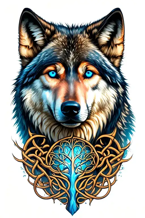 wolf with blue eyes featuring Celtic tree of life  tattoo design idea
