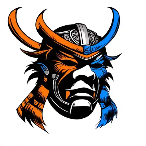 samurai mask cutting 1 orange scraf and 1 blue scraf tattoo design idea