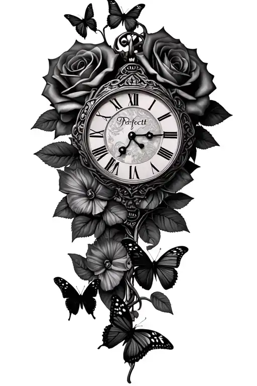 "Perfectly imperfect " roses butterflies money rolls and time piece tattoo design idea