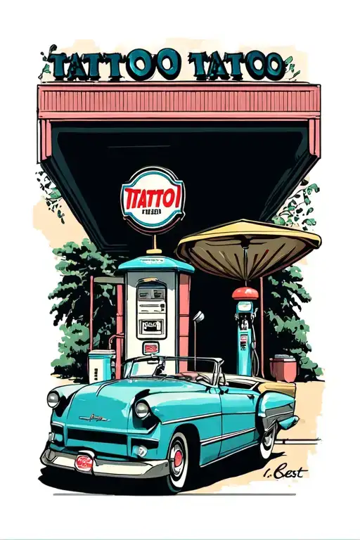 1950s convertible porches in front of a 50s gas pump tattoo design idea