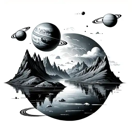 lake and mountains planets orbiting tattoo design idea
