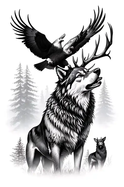 howling wolf, deer, eagle soaring in forest tattoo design idea