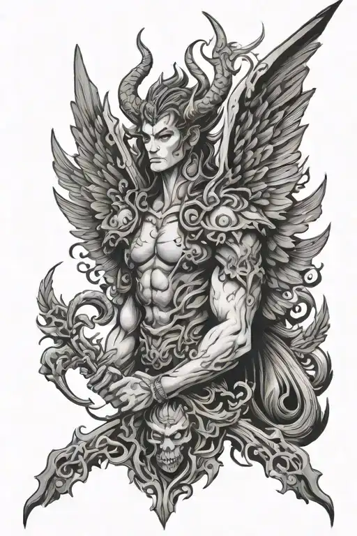 Half demon, half angel both with wings and with japan castle tattoo design idea