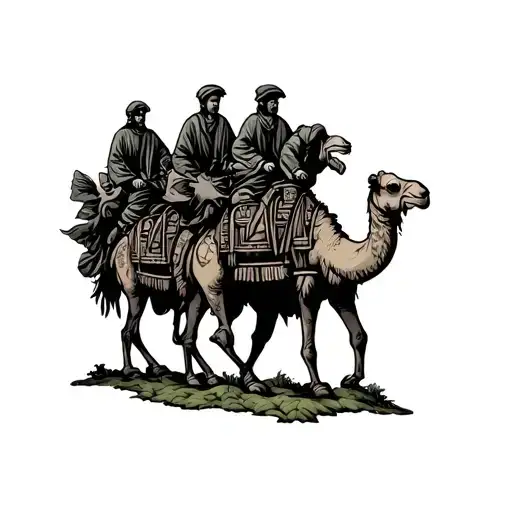 alcohol addiction combined with a camel caravan traveling over mossy tattoo design idea