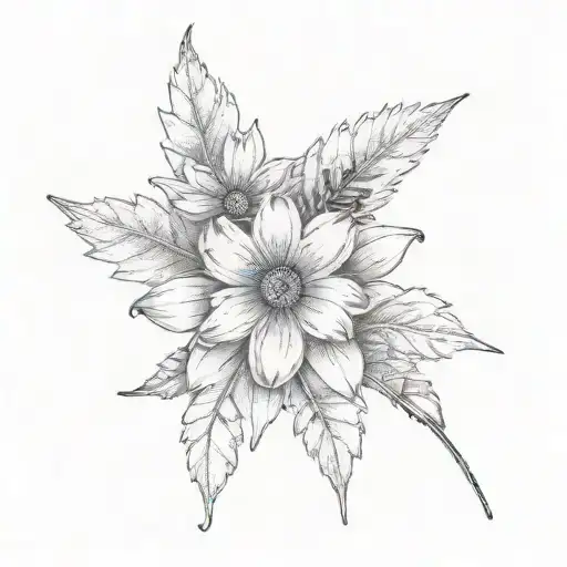 fine line tattoo with a daisy flower, a cherry blossom flower, a silver fern and a maple leaf tattoo design idea