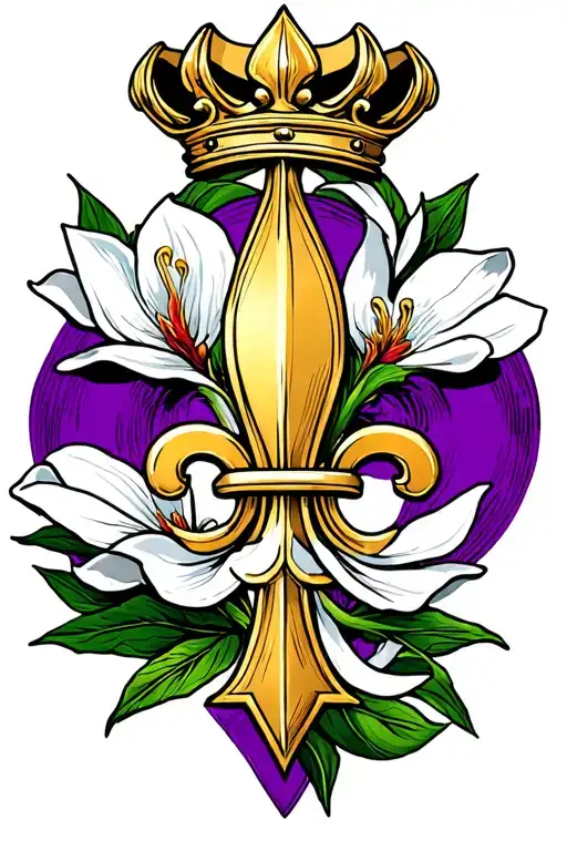 purple, gold and green fluer de lis symbol incorporated w white magnolia w crown w Pisces symbol  tattoo design idea