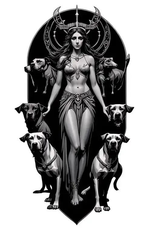 hecate goddess surrounded by dogs standing guard tattoo design idea