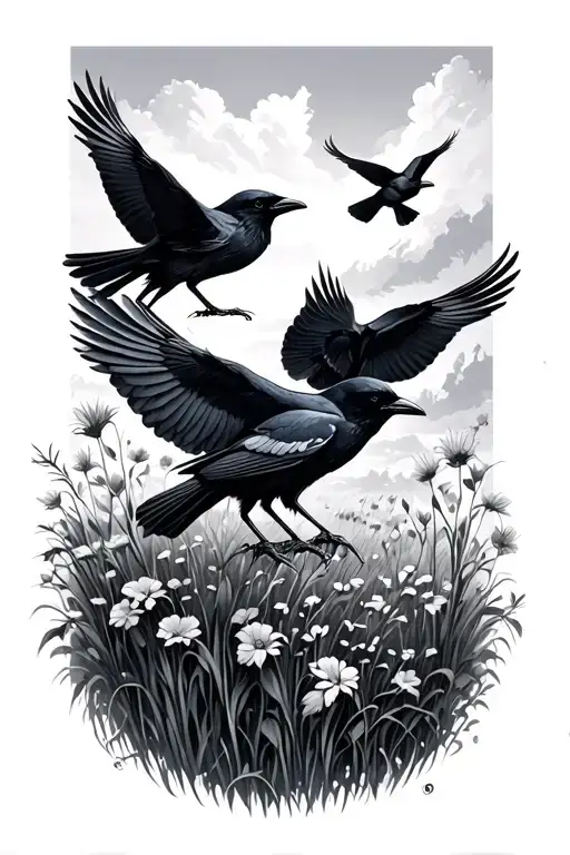 Crows flying in meadow tattoo design idea