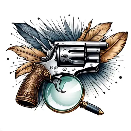 A US Flintlock pistol intertwined with a quill pen and a magnifying glass tattoo design idea