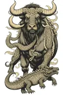 Powerful Indian buffalo with mighty crocodile and hidden anaconda tattoo design idea