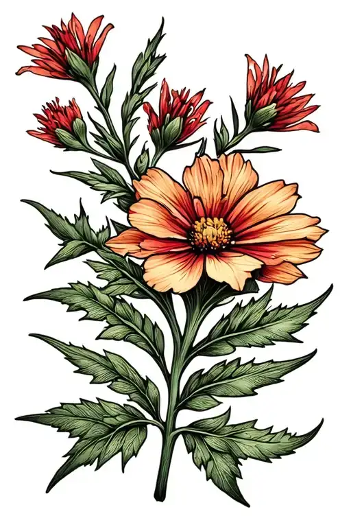 Indian paintbrush flower with leaves and greenery  tattoo design idea