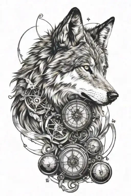 realistic wolf face with old compass intertwined tattoo design idea