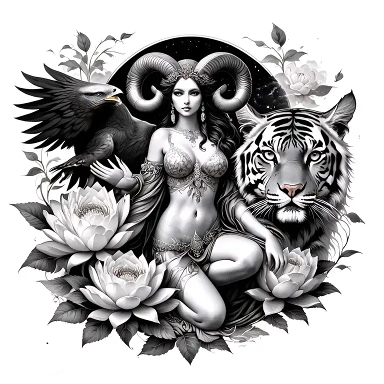 sexy aries goddess surrounded by lotus and peony flowers growing with a hawk and a tiger with mars in the sky & symbol  tattoo design idea