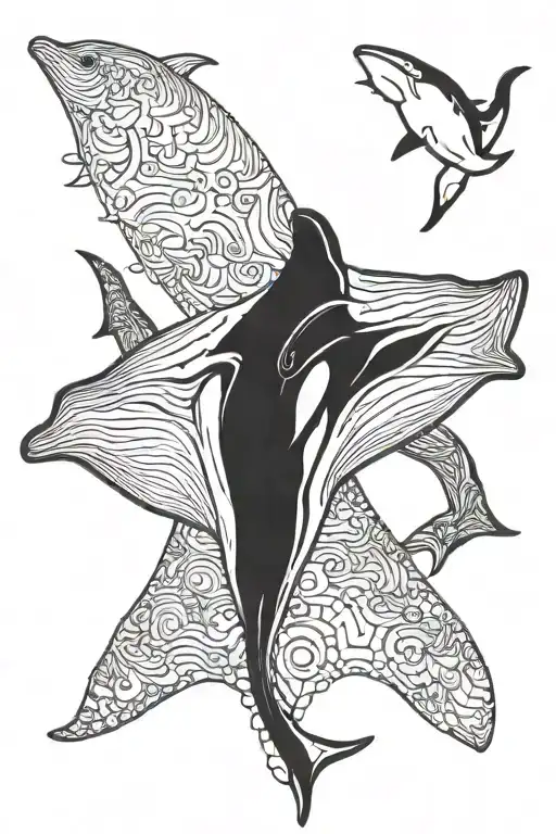 humpback whale and manta ray swimming tattoo design idea