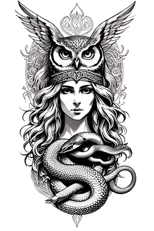 goddess athena with owl and snake tattoo design idea