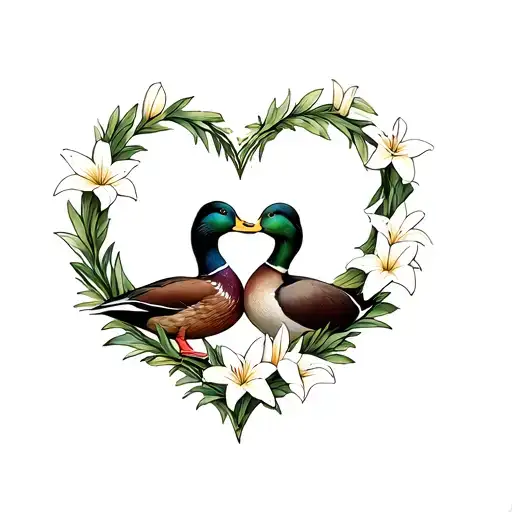 two mallard ducks cuddling inside a wreath of lily flowers in the shape of a heart tattoo design idea