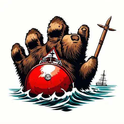 Kodiak bear paw crushing a red aid to navigation buoy tattoo design idea