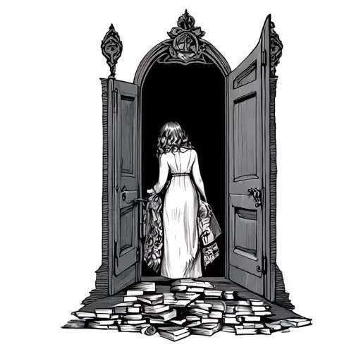 woman opening door into fantasy world with books stacked around door tattoo design idea