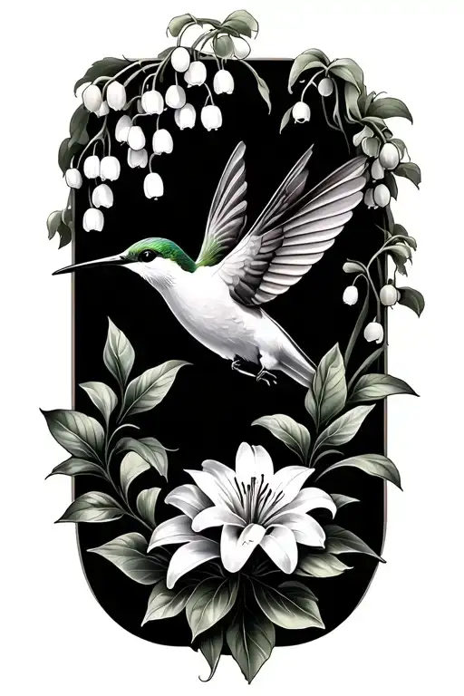 humming bird with Lily of the valley flowers with clouds tattoo design idea