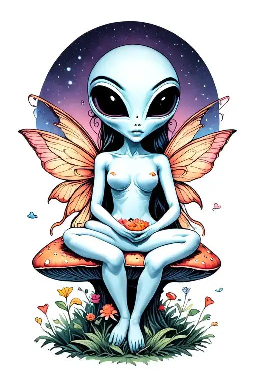 enlightened alien sitting with a fairy on a mushroom tattoo design idea