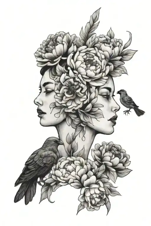 Peonies and bird and woman face tattoo design idea